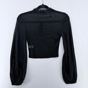 Lulus Black Sheer Mesh Metallic Mock Neck Balloon Sleeve Crop Top Small NWT